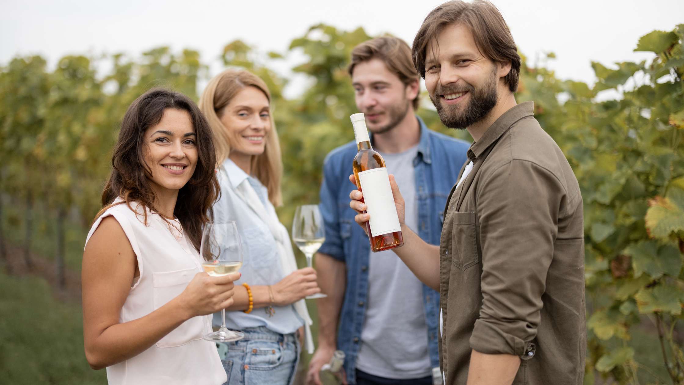 Friends enjoying wine in a vineyard.