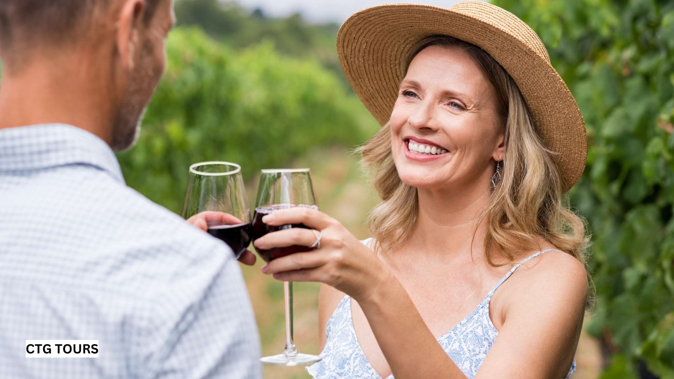 Couple toasting with wine in vineyard