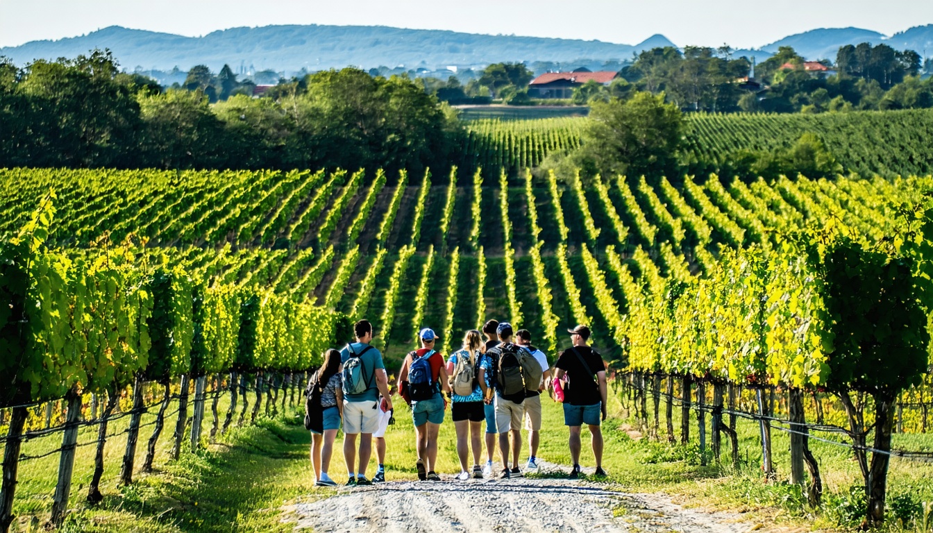 Group walking through a vineyard path in summer.