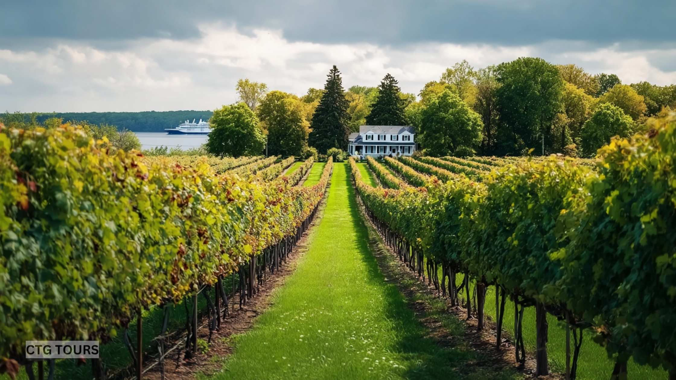 Scenic vineyards stretching across Niagara-on-the-Lake, Ontario, with rolling green rows and a bright sky