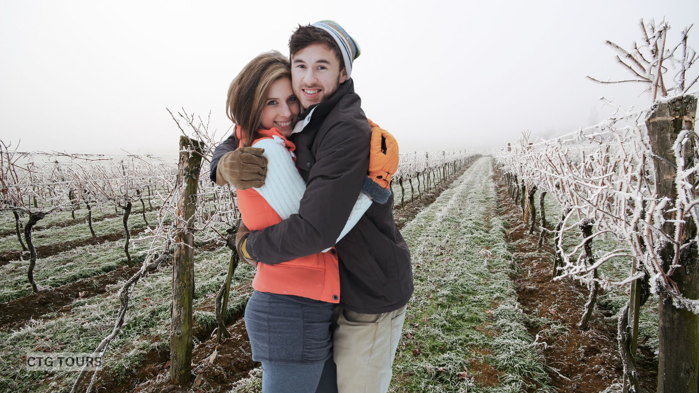 Couple on a custom winter wine tour in Niagara, celebrating their anniversary or birthday together with CTG Tours.