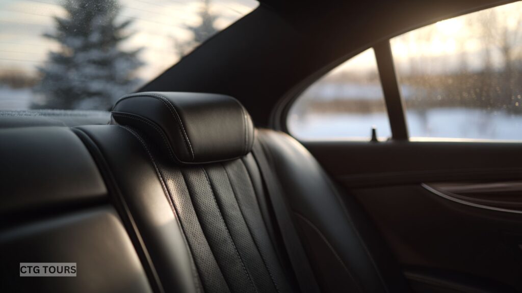 Luxury car interior with winter sunset view