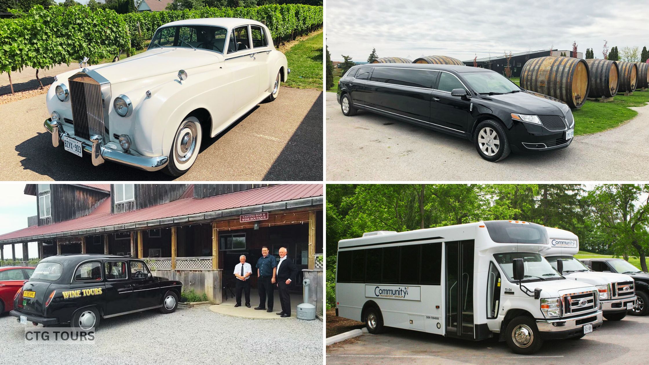 Collage of CTG Tours vehicles for Niagara wine tours, featuring classic English cabs, luxury limo, and premium mini-buses lined up in Niagara-on-the-Lake.
