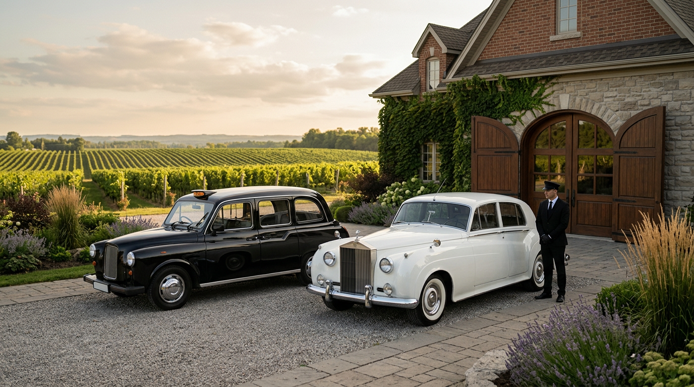 Vintage cars parked by vineyard estate at sunset