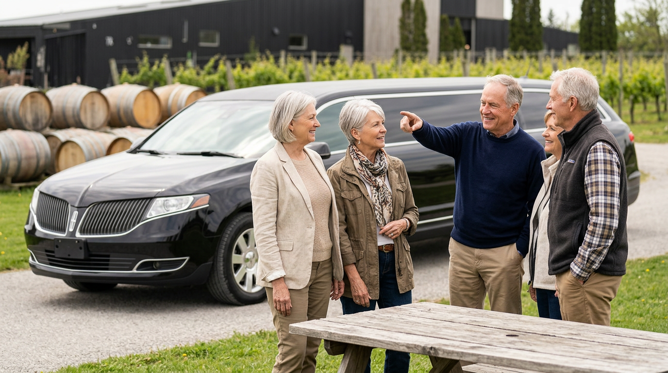 Five older adults beside limousine at vineyard