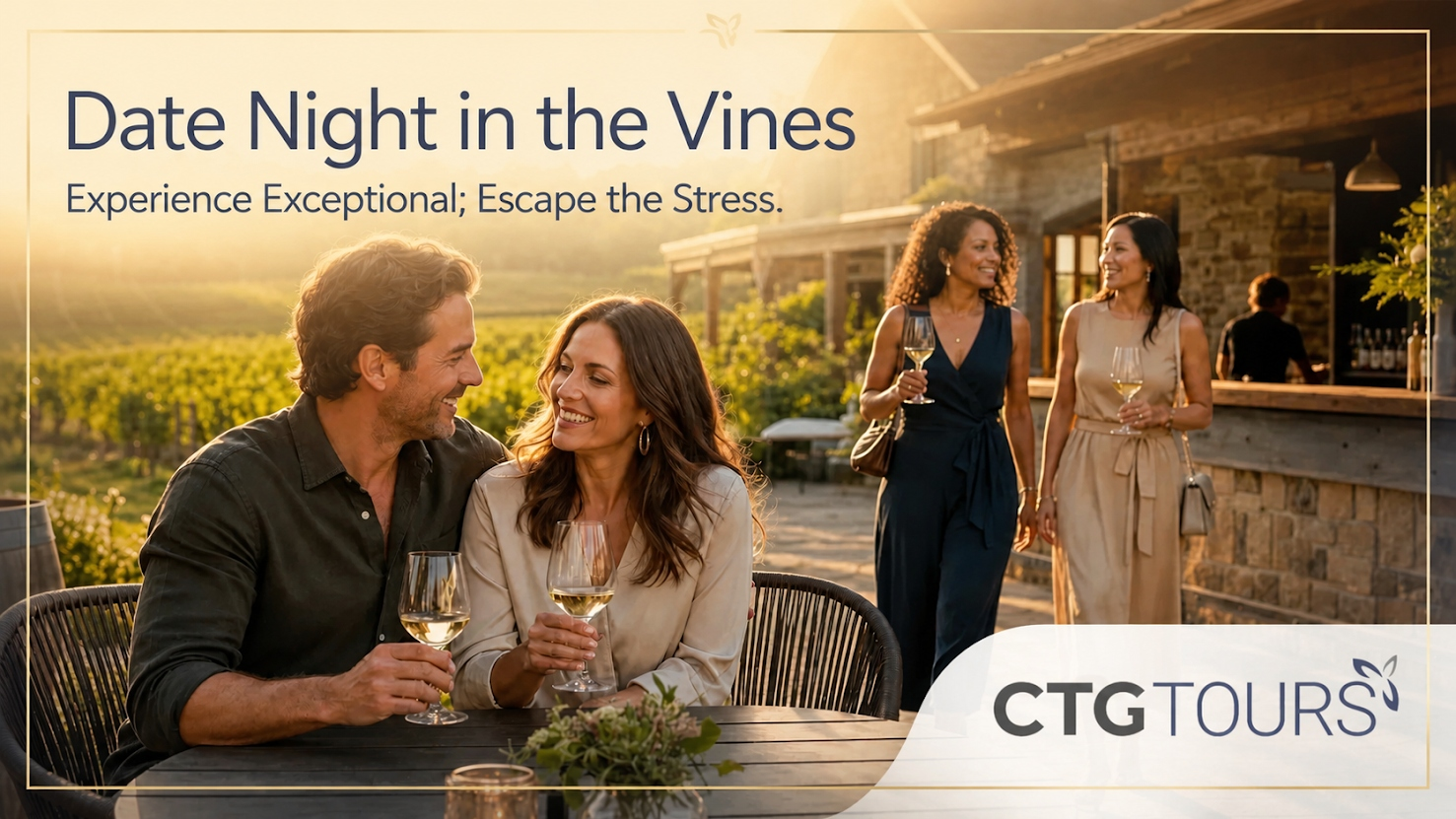 Couples enjoying wine at vineyard during sunset