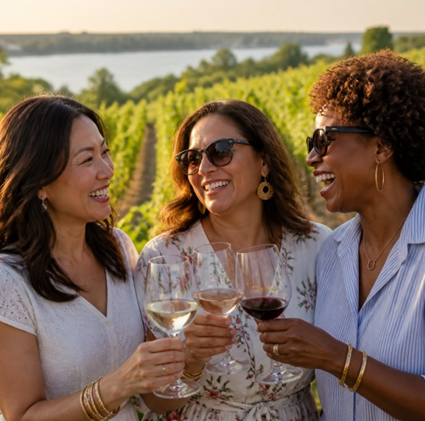 Three women toasting wine in a vineyard