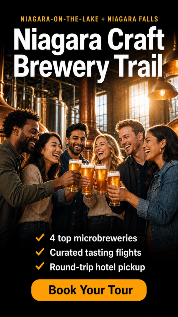 Friends toasting beers at Niagara craft brewery